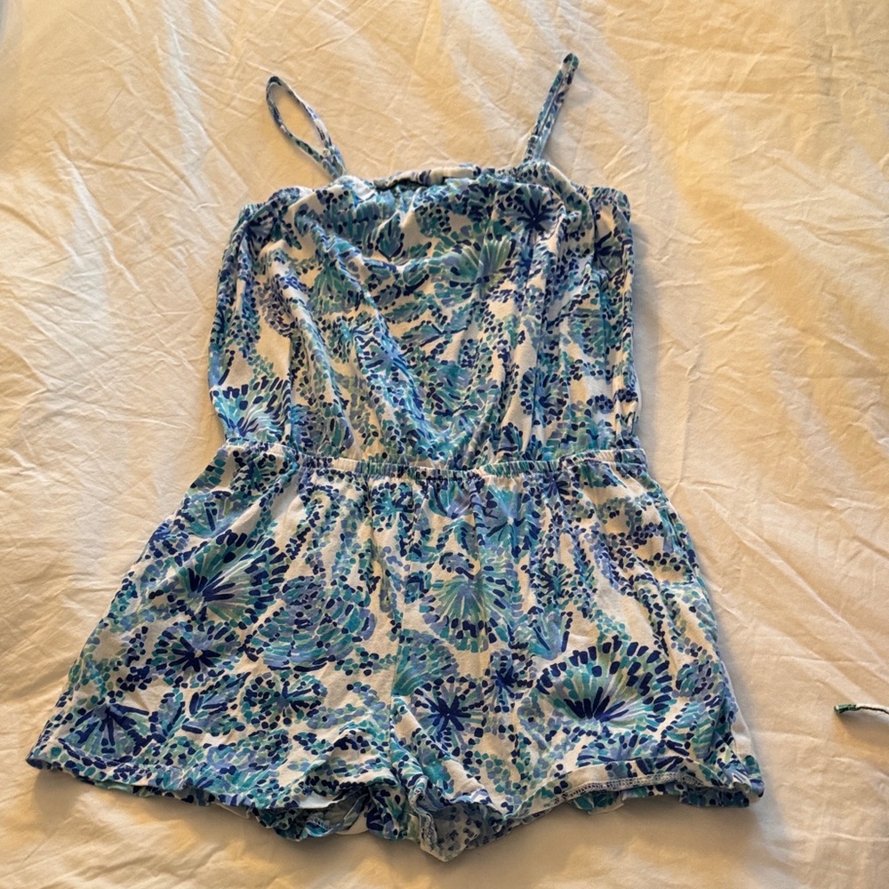 lily Pulitzer Floral Blue Kids Romper with Pockets Size 12-14